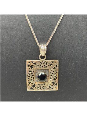 Sterling Silver Filigree Pendant Necklace Flowers Spring Black Onyx Italy 18" VT